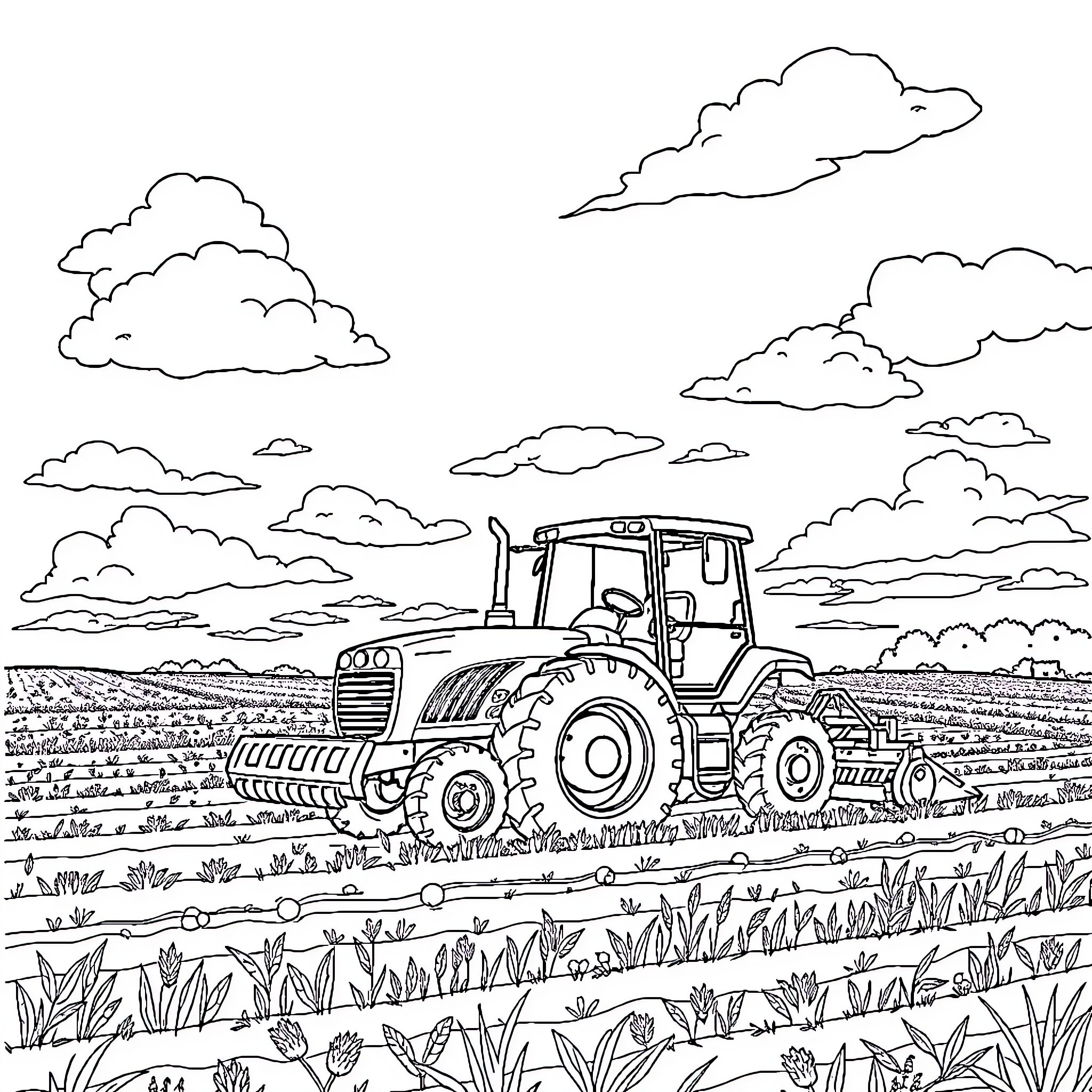 Farmer operating large tractor in field Coloring Page (free black-and-white line drawing printable PDF for all, from beginners to advanced learners, including children, teens, adults, and seniors)