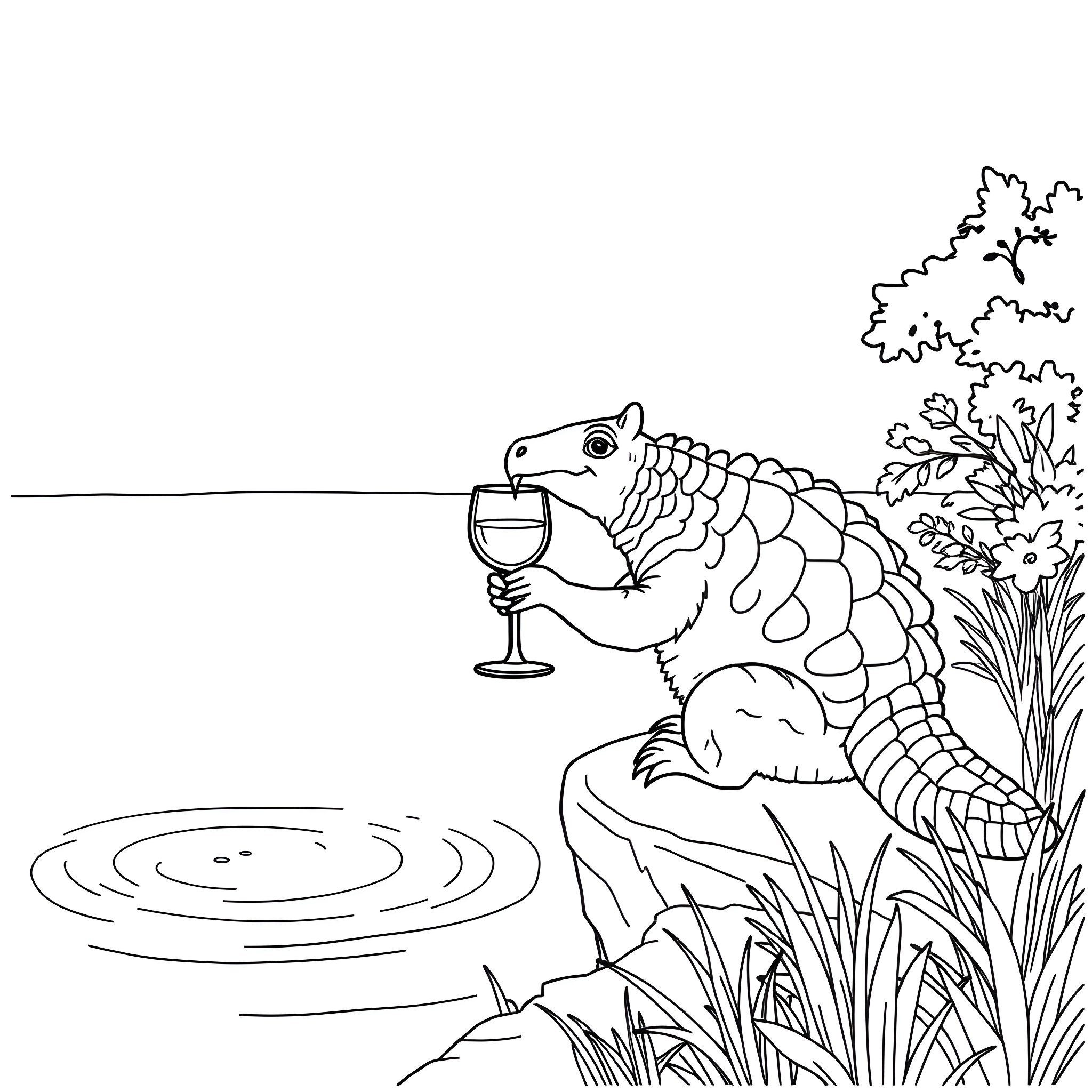 Armadillo enjoying a drink by the pond Coloring Page (free black-and-white line drawing printable PDF for all, from beginners to advanced learners, including children, teens, adults, and seniors)