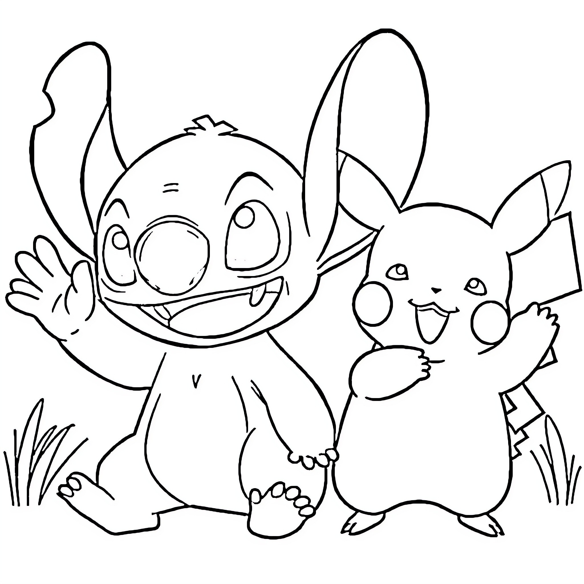 Stitch and Pikachu playing together happily Coloring Page (free black-and-white line drawing printable PDF for all, from beginners to advanced learners, including children, teens, adults, and seniors)