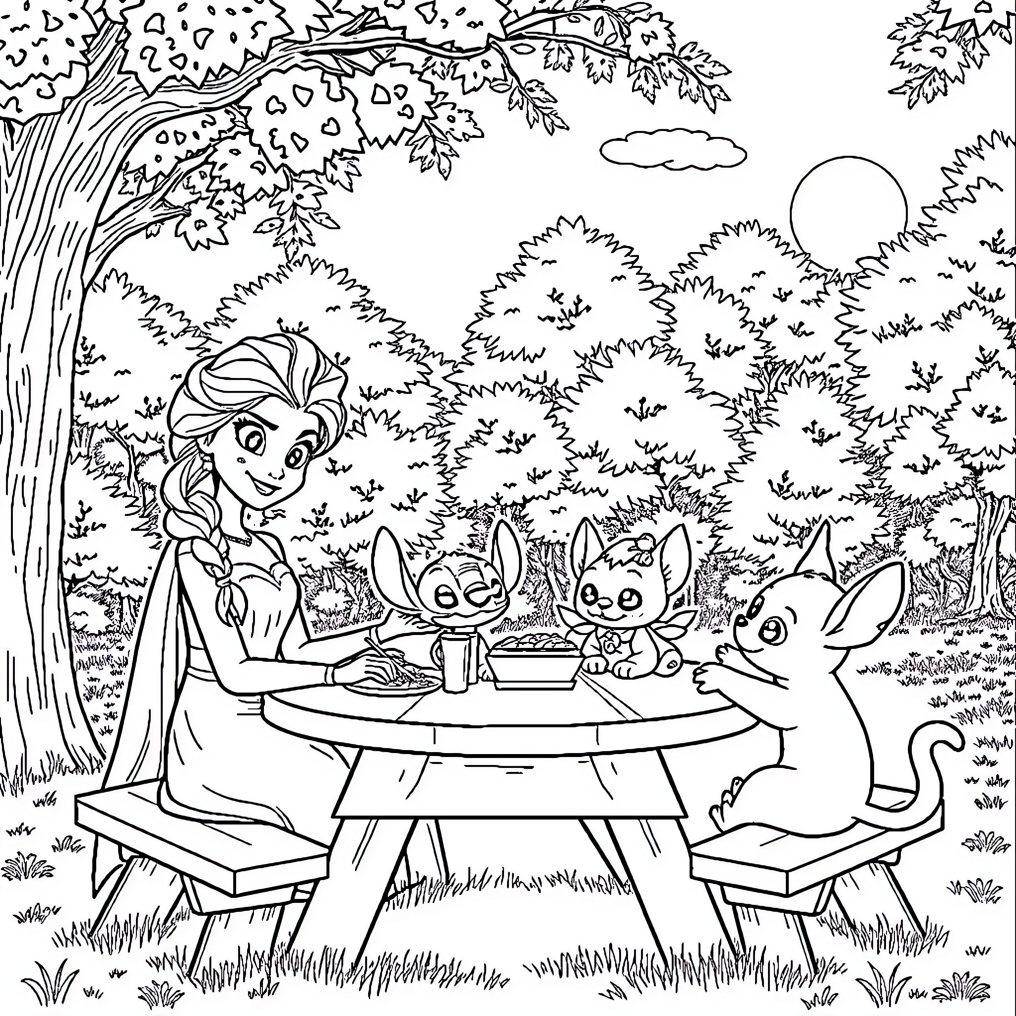 Elsa enjoys a picnic with her animal friends in the forest Coloring Page (free black-and-white line drawing printable PDF for all, from beginners to advanced learners, including children, teens, adults, and seniors)