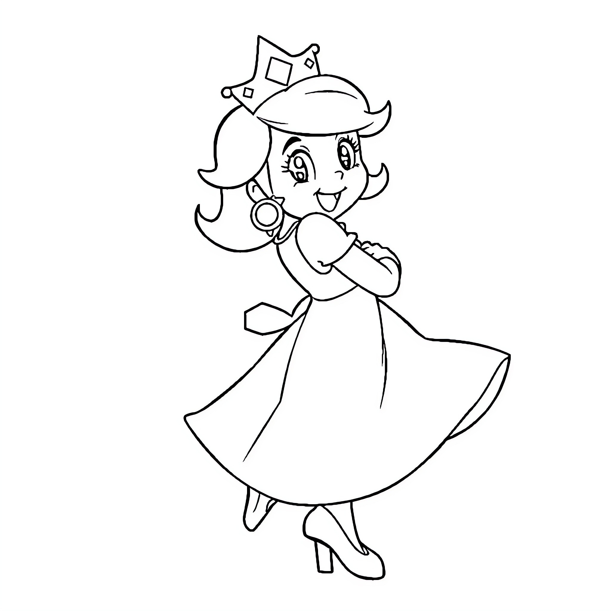 Princess Dancing Gracefully in Elegant Attire Coloring Page (free black-and-white line drawing printable PDF for all, from beginners to advanced learners, including children, teens, adults, and seniors)
