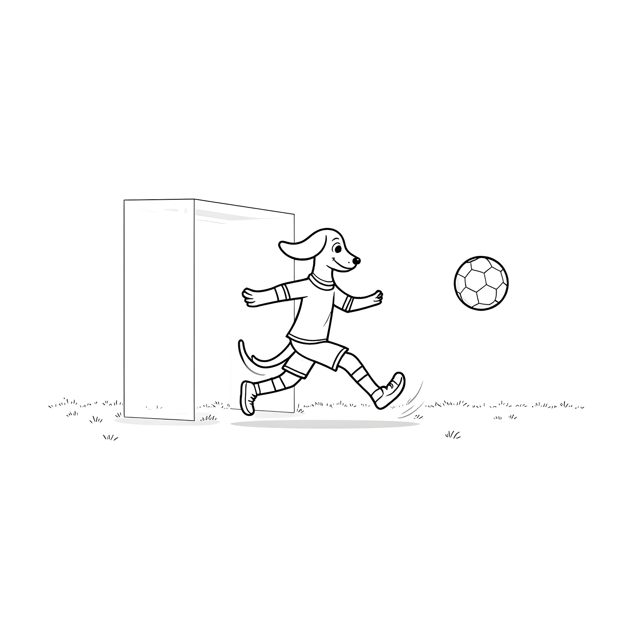 Beagle chasing a soccer ball near a wall Coloring Page (free black-and-white line drawing printable PDF for all, from beginners to advanced learners, including children, teens, adults, and seniors)