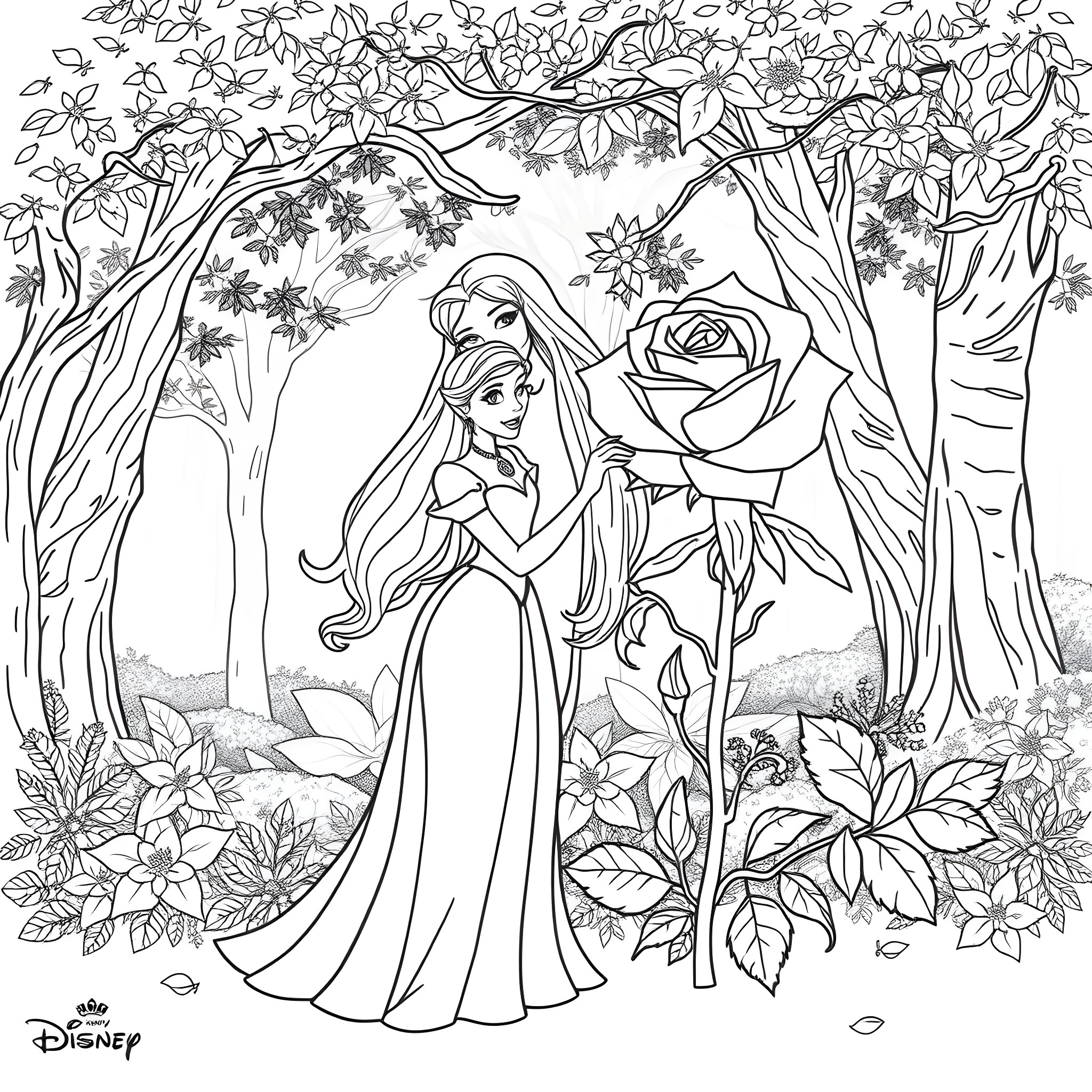 Aurora's Enchanted Forest Adventure Coloring Page (free black-and-white line drawing printable PDF for all, from beginners to advanced learners, including children, teens, adults, and seniors)