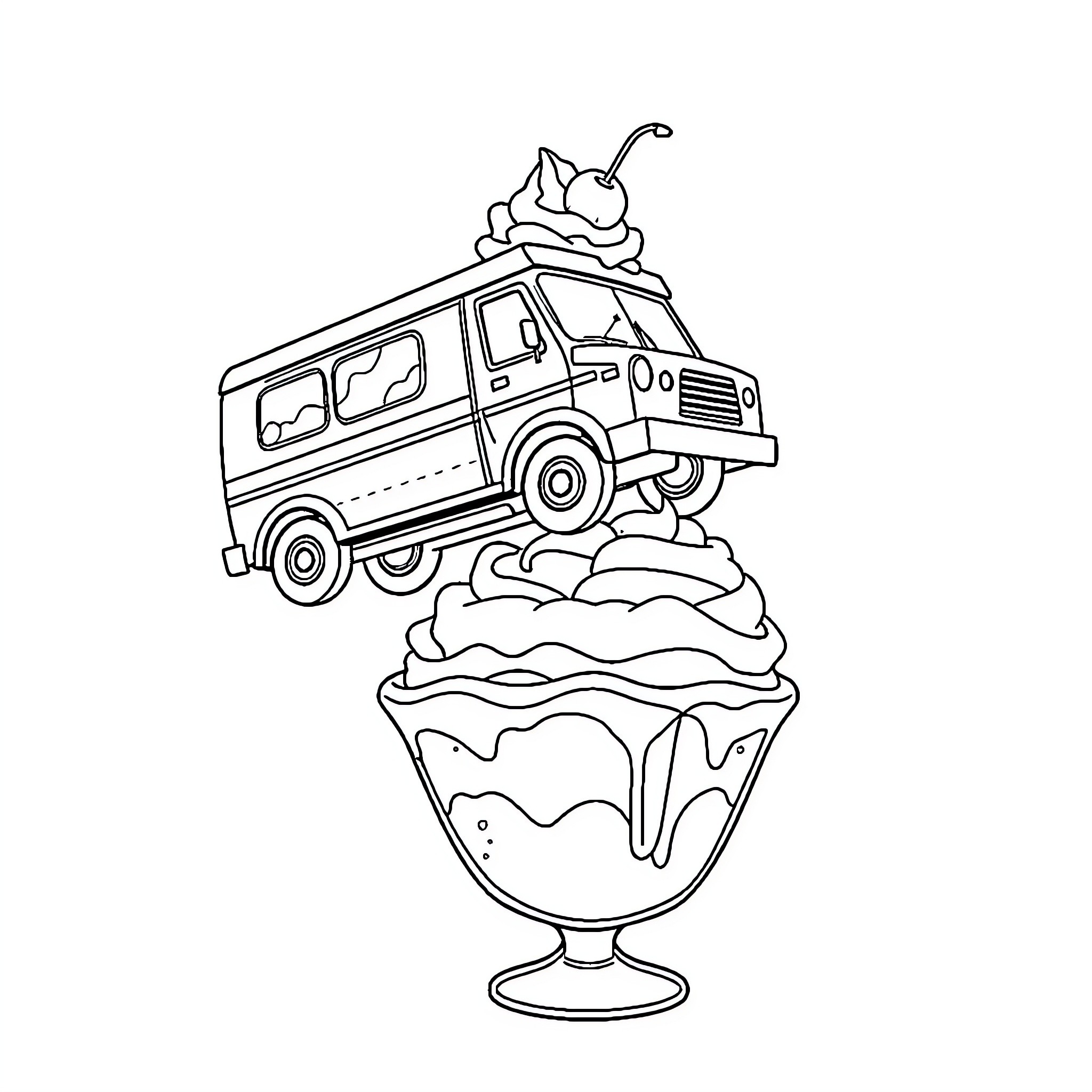 Ice Cream Truck Serving Dessert in Unique Presentation Coloring Page (free black-and-white line drawing printable PDF for all, from beginners to advanced learners, including children, teens, adults, and seniors)