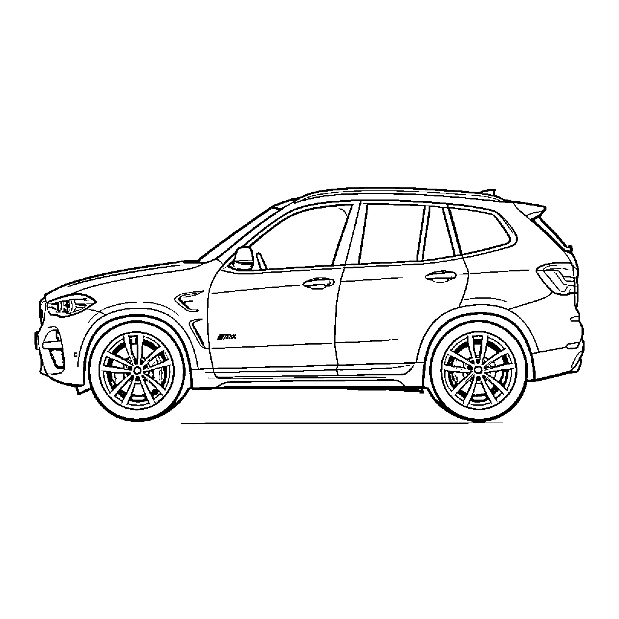 BMW X3 parked on a plain background Coloring Page (free black-and-white line drawing printable PDF for all, from beginners to advanced learners, including children, teens, adults, and seniors)