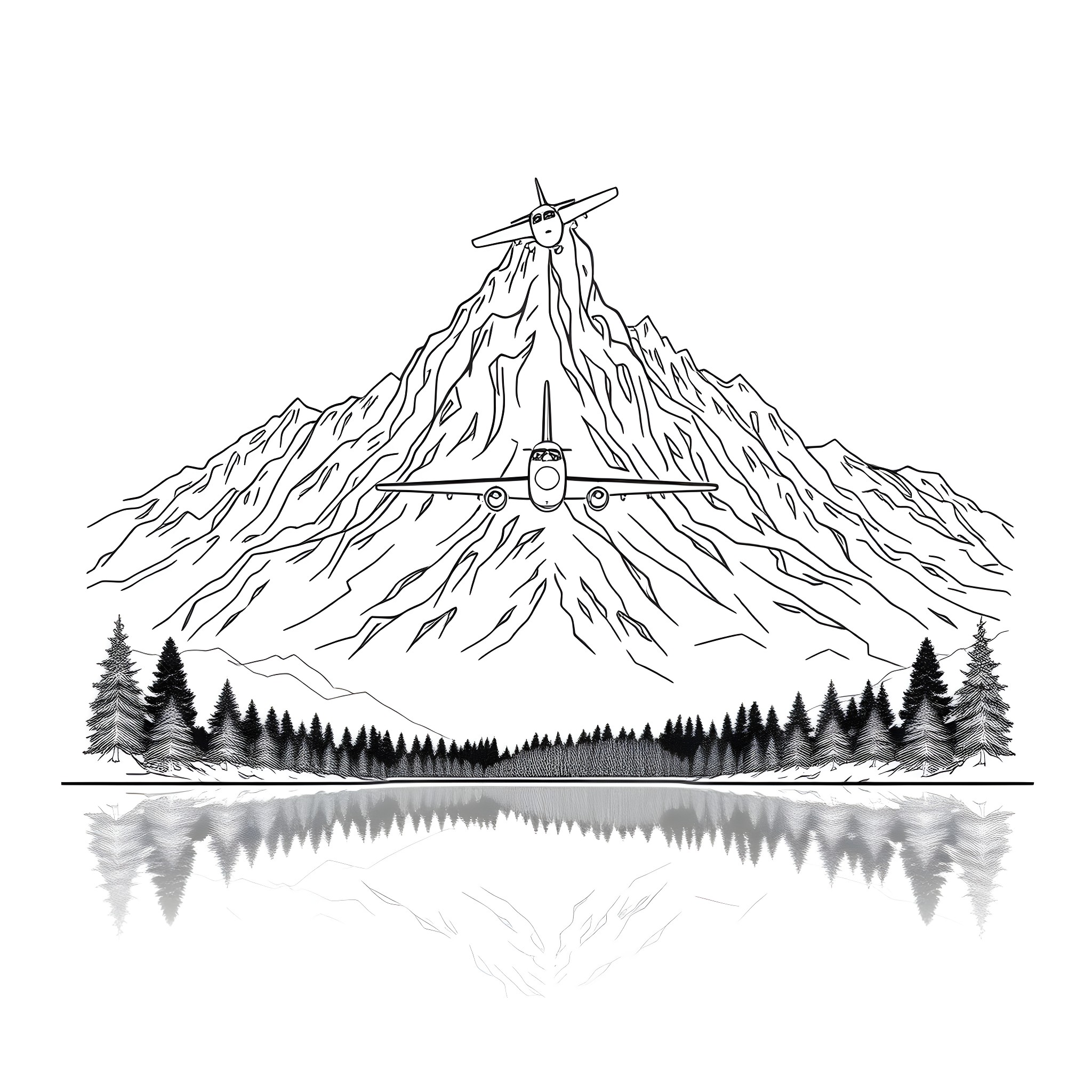 Plane soaring over majestic mountain landscape Coloring Page (free black-and-white line drawing printable PDF for all, from beginners to advanced learners, including children, teens, adults, and seniors)