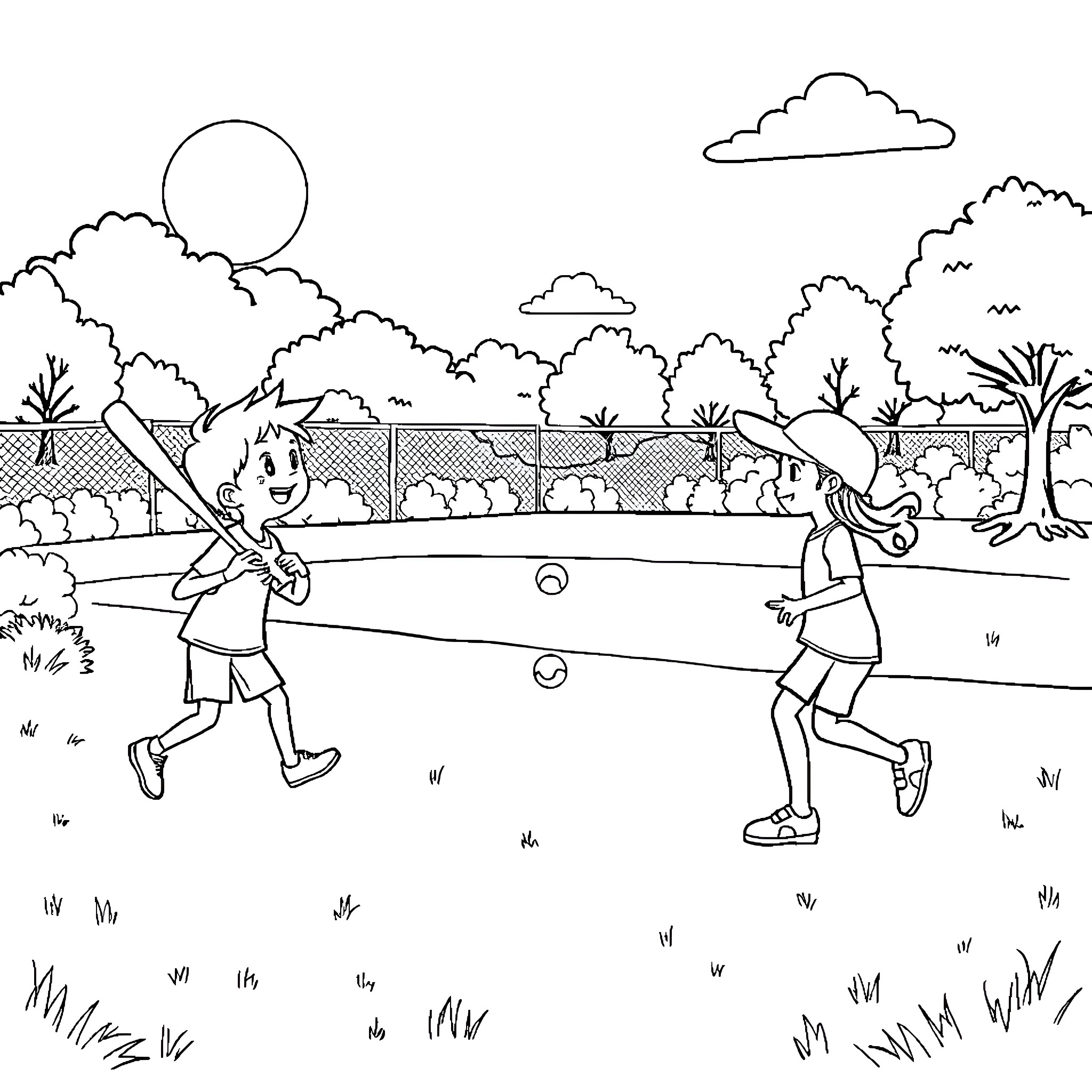 Stray Kids playing badminton in the park Coloring Page (free black-and-white line drawing printable PDF for all, from beginners to advanced learners, including children, teens, adults, and seniors)