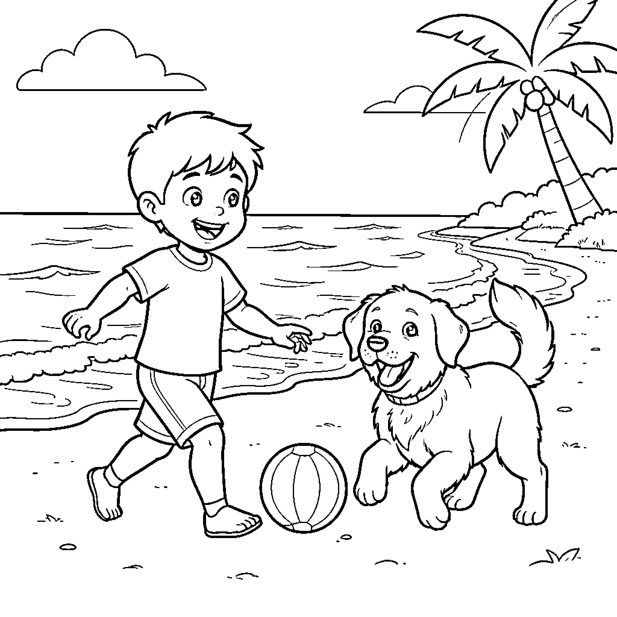 Niño playing joyfully with his puppy on the beach Coloring Page (free black-and-white line drawing printable PDF for all, from beginners to advanced learners, including children, teens, adults, and seniors)