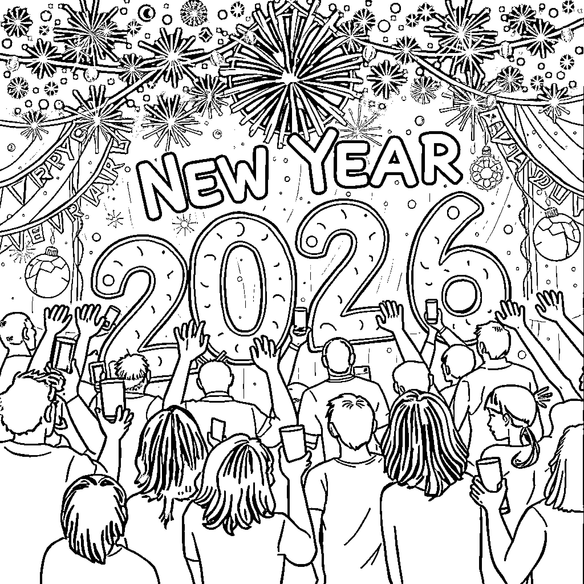 New Year Celebration with Festive Fireworks and Crowds Coloring Page (free black-and-white line drawing printable PDF for all, from beginners to advanced learners, including children, teens, adults, and seniors)