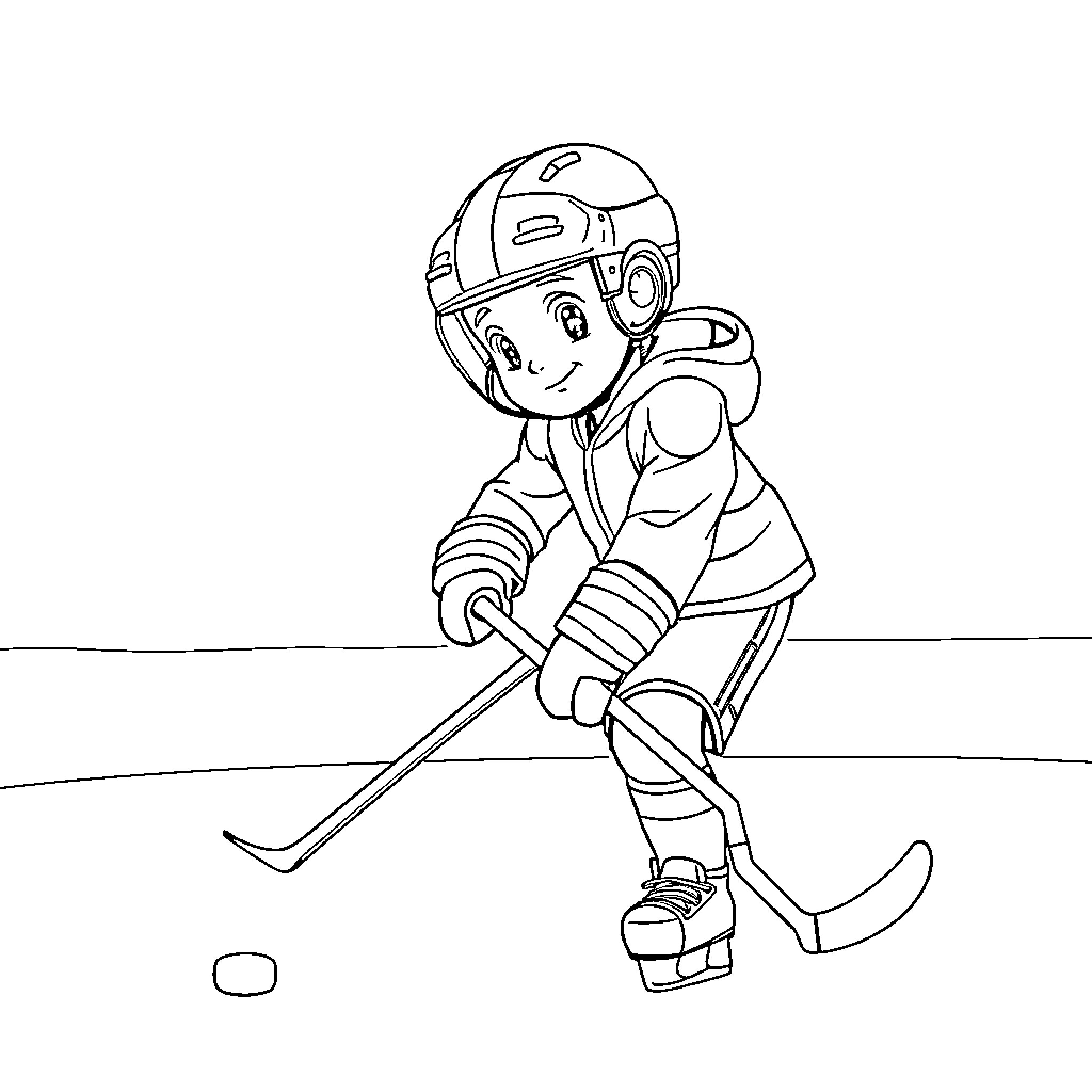 Eishockeyspieler playing hockey on the ice Coloring Page (free black-and-white line drawing printable PDF for all, from beginners to advanced learners, including children, teens, adults, and seniors)
