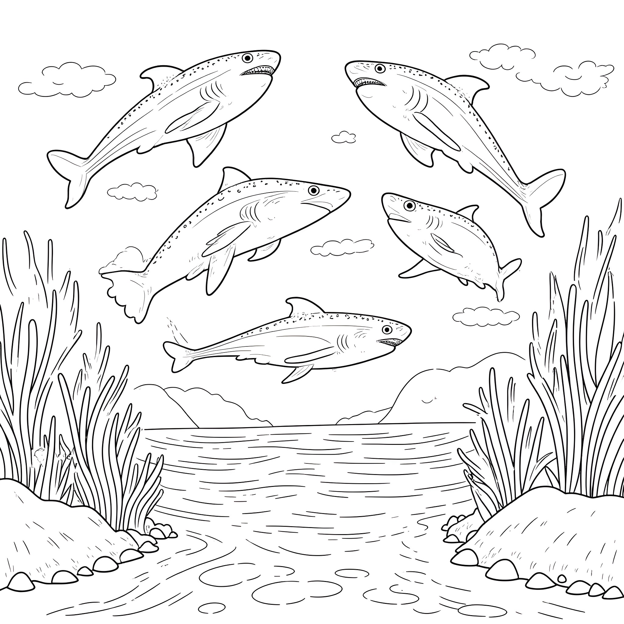 Sharks swimming in the ocean Coloring Page (free black-and-white line drawing printable PDF for all, from beginners to advanced learners, including children, teens, adults, and seniors)