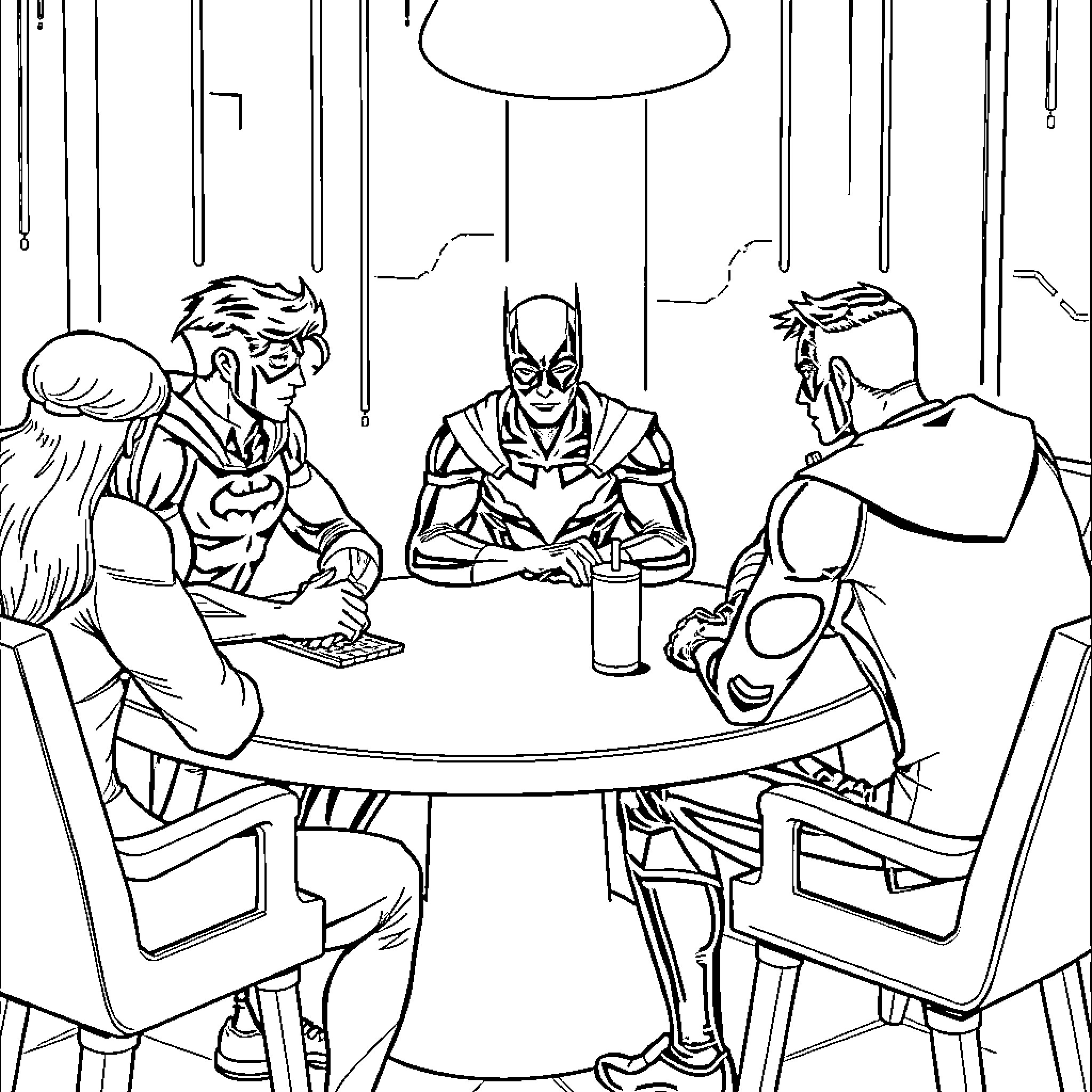 Nightwing meeting with superheroes in a strategic discussion Coloring Page (free black-and-white line drawing printable PDF for all, from beginners to advanced learners, including children, teens, adults, and seniors)