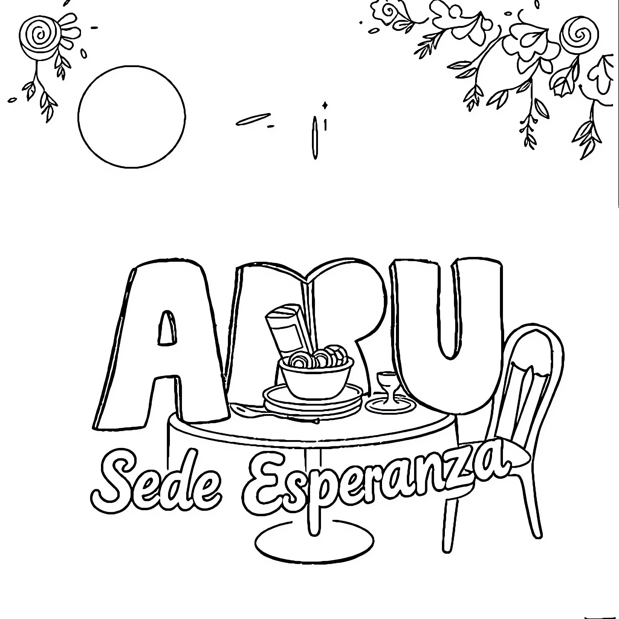 Sello a cozy cafe scene with flowers Coloring Page (free black-and-white line drawing printable PDF for all, from beginners to advanced learners, including children, teens, adults, and seniors)