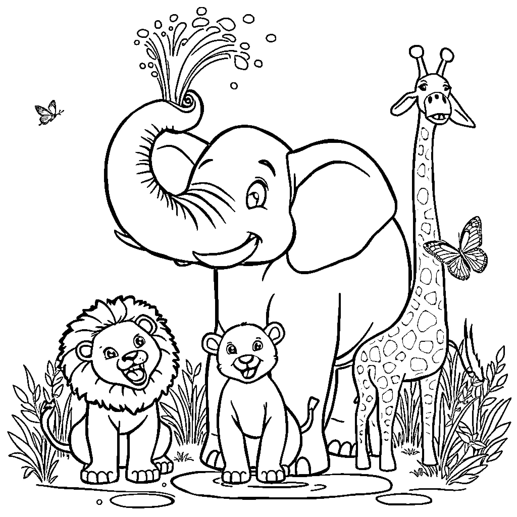 Elephant, giraffe, and lions in a whimsical jungle scene Coloring Page (free black-and-white line drawing printable PDF for all, from beginners to advanced learners, including children, teens, adults, and seniors)