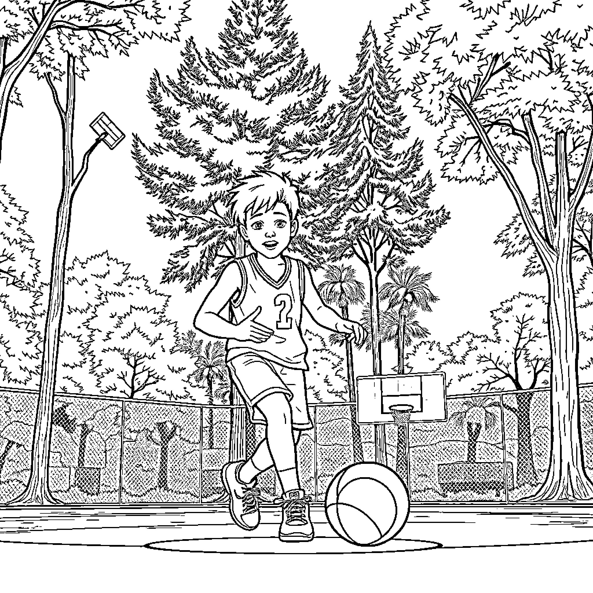 Student playing basketball in the park Coloring Page (free black-and-white line drawing printable PDF for all, from beginners to advanced learners, including children, teens, adults, and seniors)