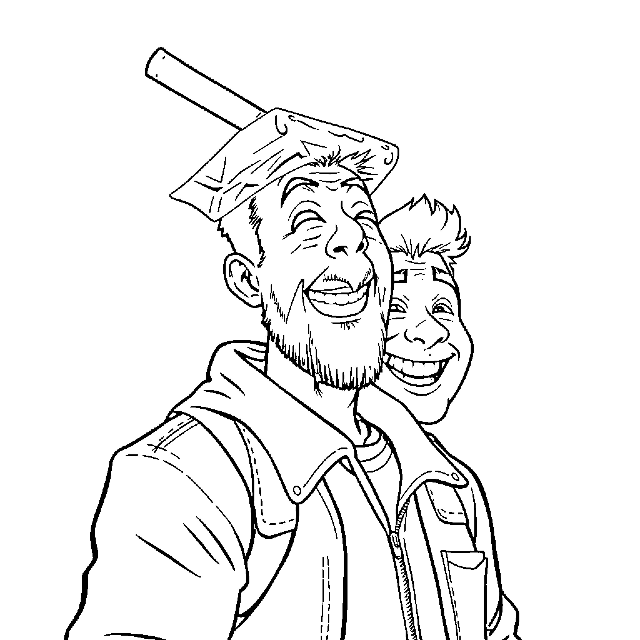 Man with friend in graduation caps Coloring Page (free black-and-white line drawing printable PDF for all, from beginners to advanced learners, including children, teens, adults, and seniors)