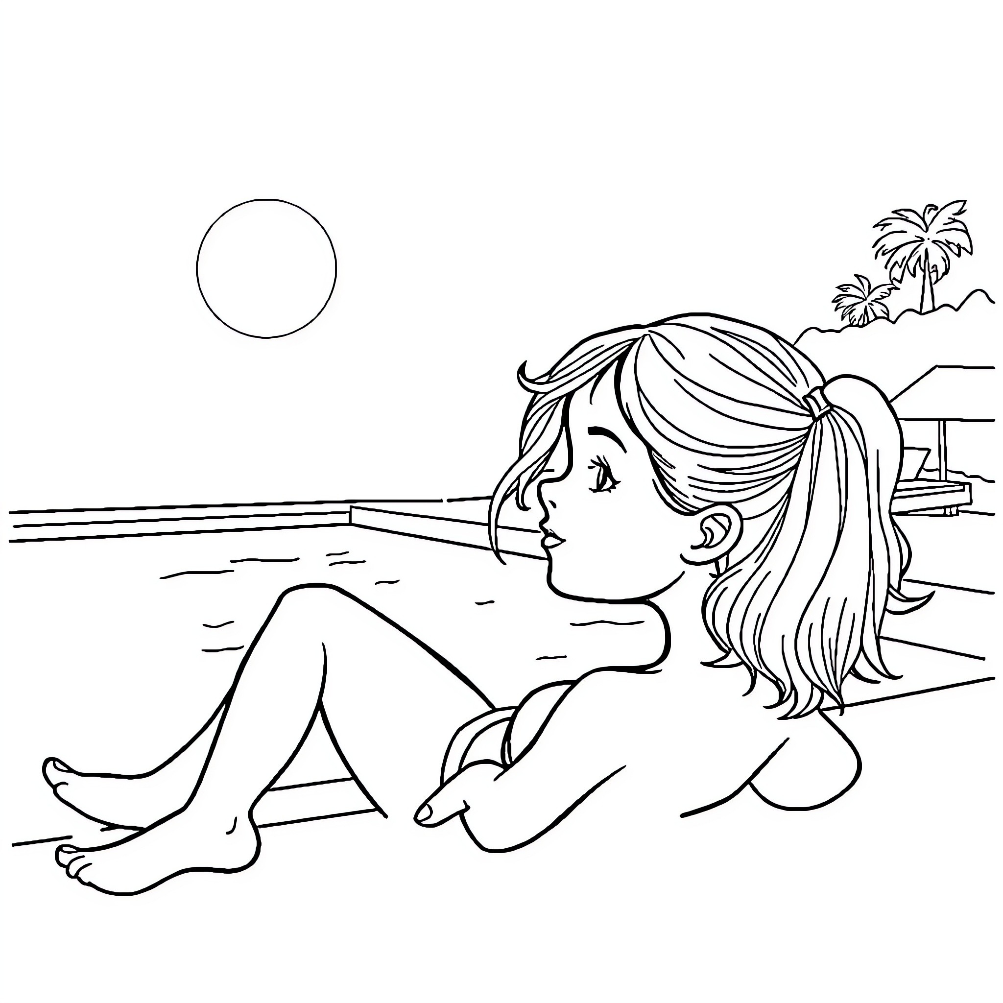 Girl relaxing on the beach under the sun Coloring Page (free black-and-white line drawing printable PDF for all, from beginners to advanced learners, including children, teens, adults, and seniors)