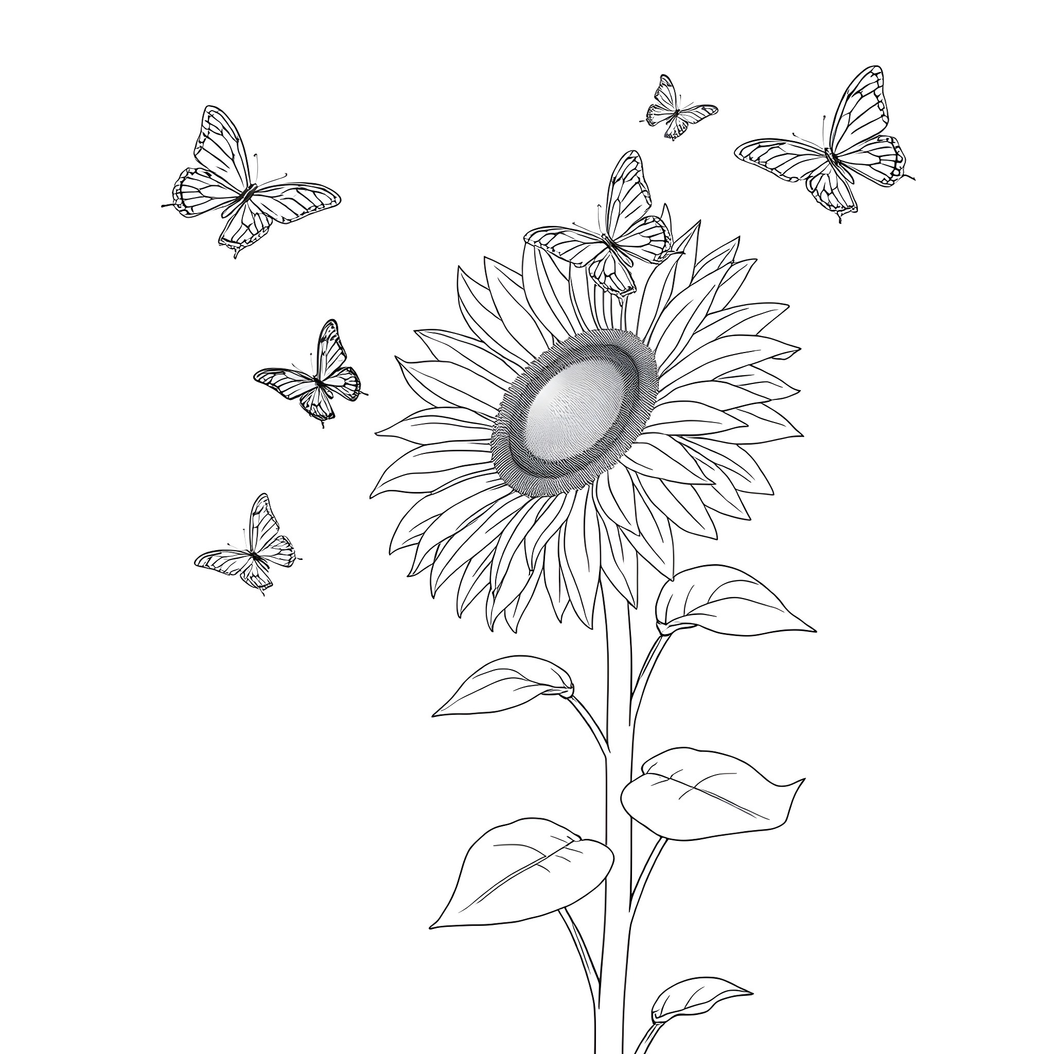 Butterfly Sunflower and Butterflies in Monochrome Coloring Page (free black-and-white line drawing printable PDF for all, from beginners to advanced learners, including children, teens, adults, and seniors)