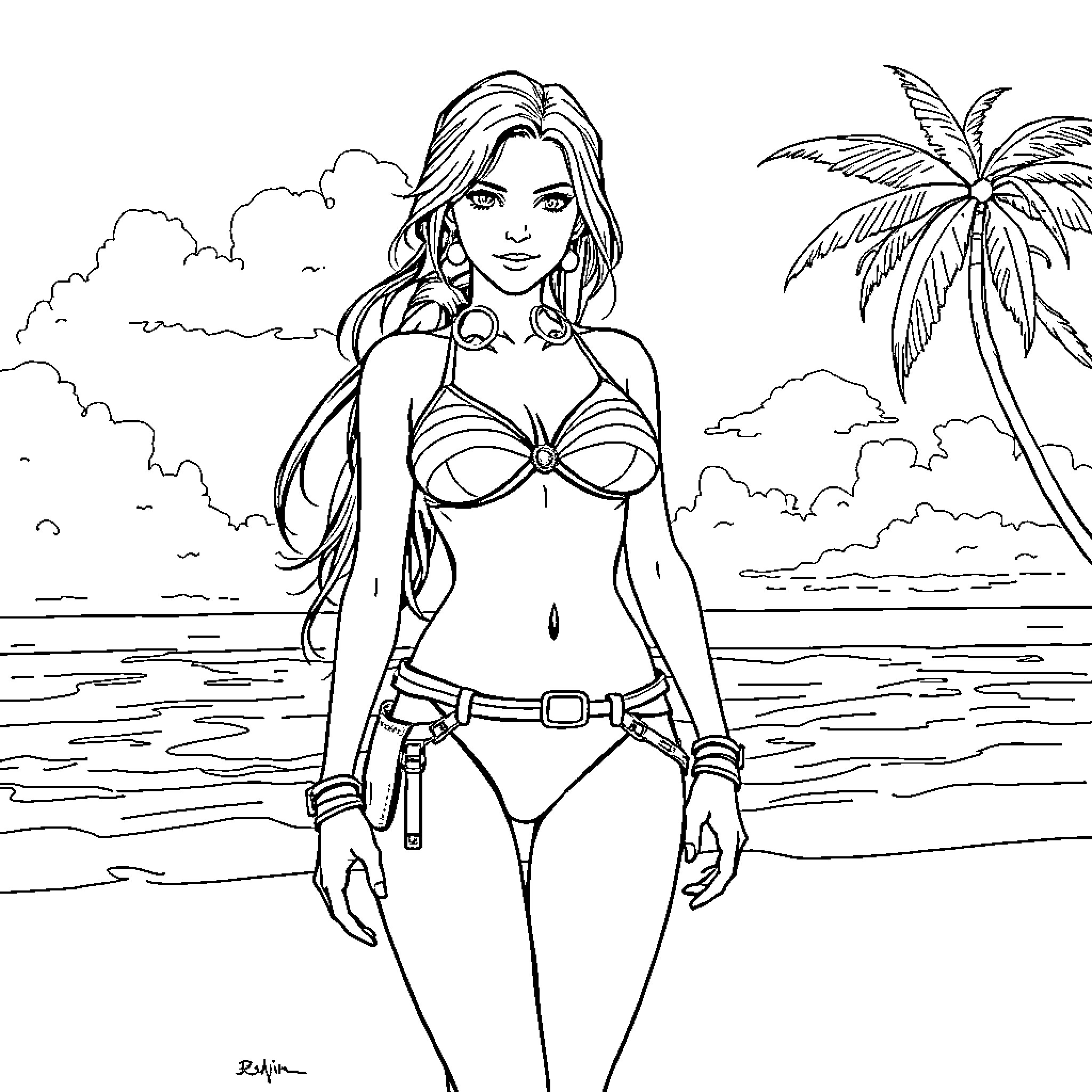 Lara Croft in Tropical Beach Adventure Coloring Page (free black-and-white line drawing printable PDF for all, from beginners to advanced learners, including children, teens, adults, and seniors)