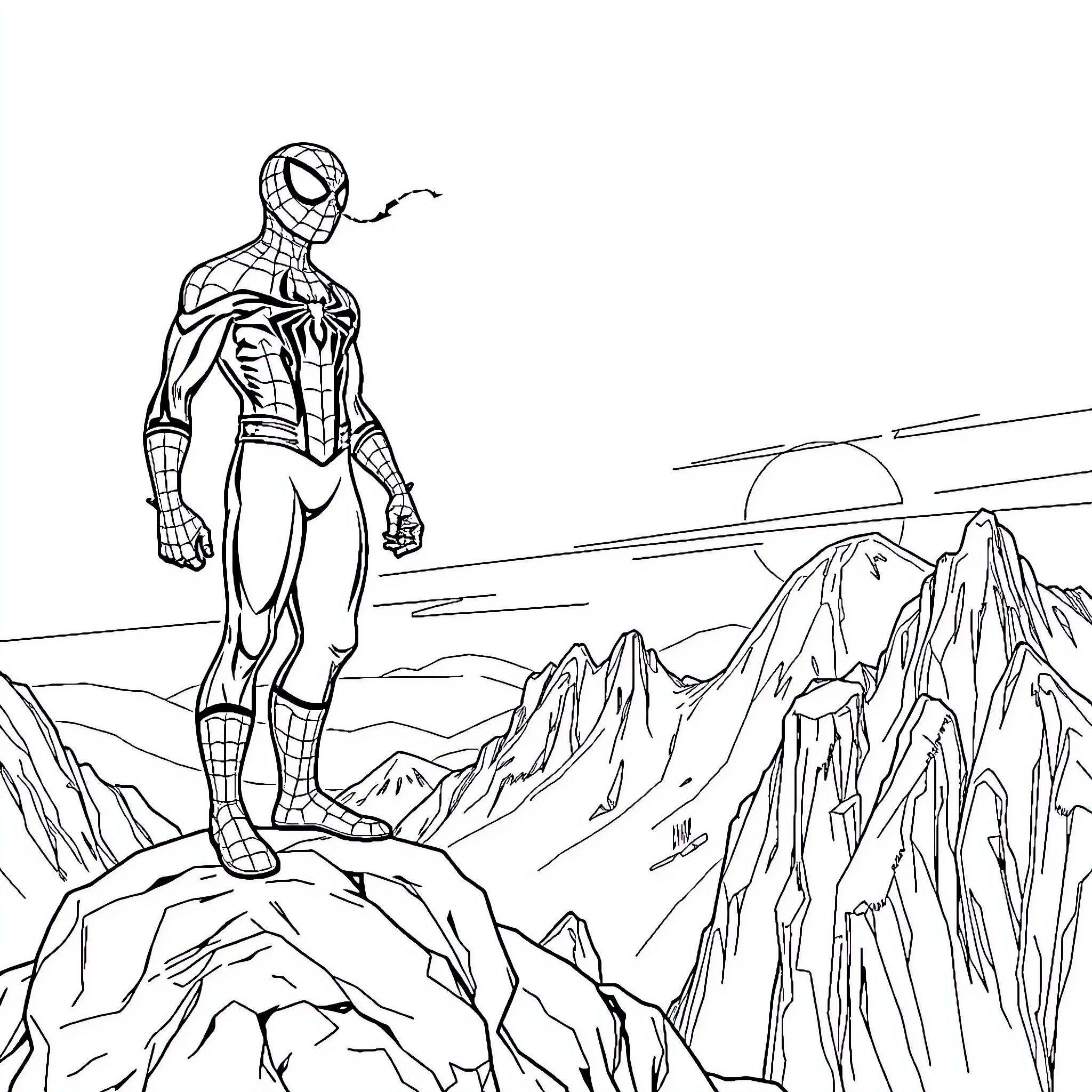 Spider-Man overlooking a mountainous landscape Coloring Page (free black-and-white line drawing printable PDF for all, from beginners to advanced learners, including children, teens, adults, and seniors)