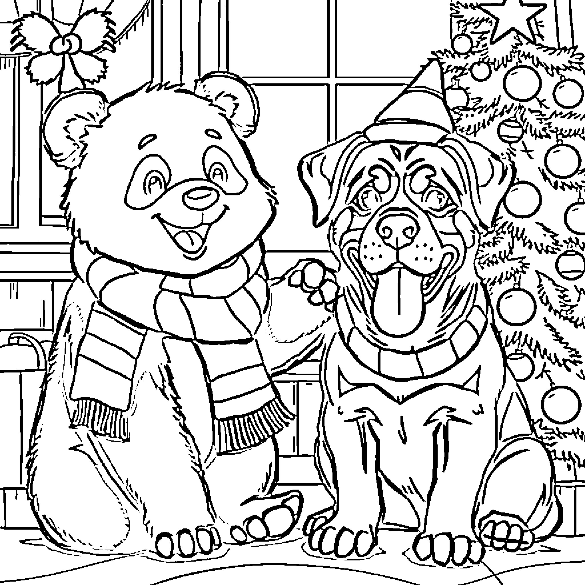 Panda and dog celebrating Christmas together Coloring Page (free black-and-white line drawing printable PDF for all, from beginners to advanced learners, including children, teens, adults, and seniors)
