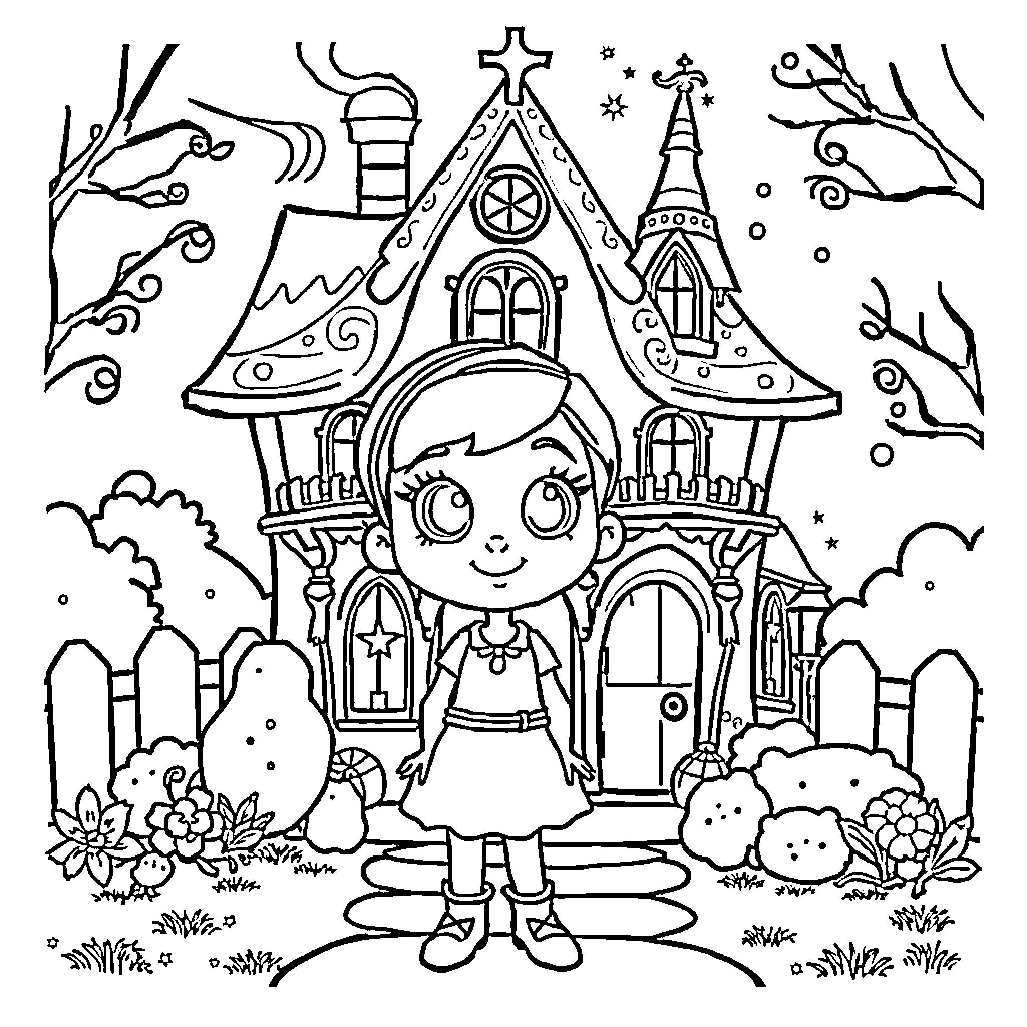 Gabby's Whimsical Fairy Tale Cottage Coloring Page (free black-and-white line drawing printable PDF for all, from beginners to advanced learners, including children, teens, adults, and seniors)