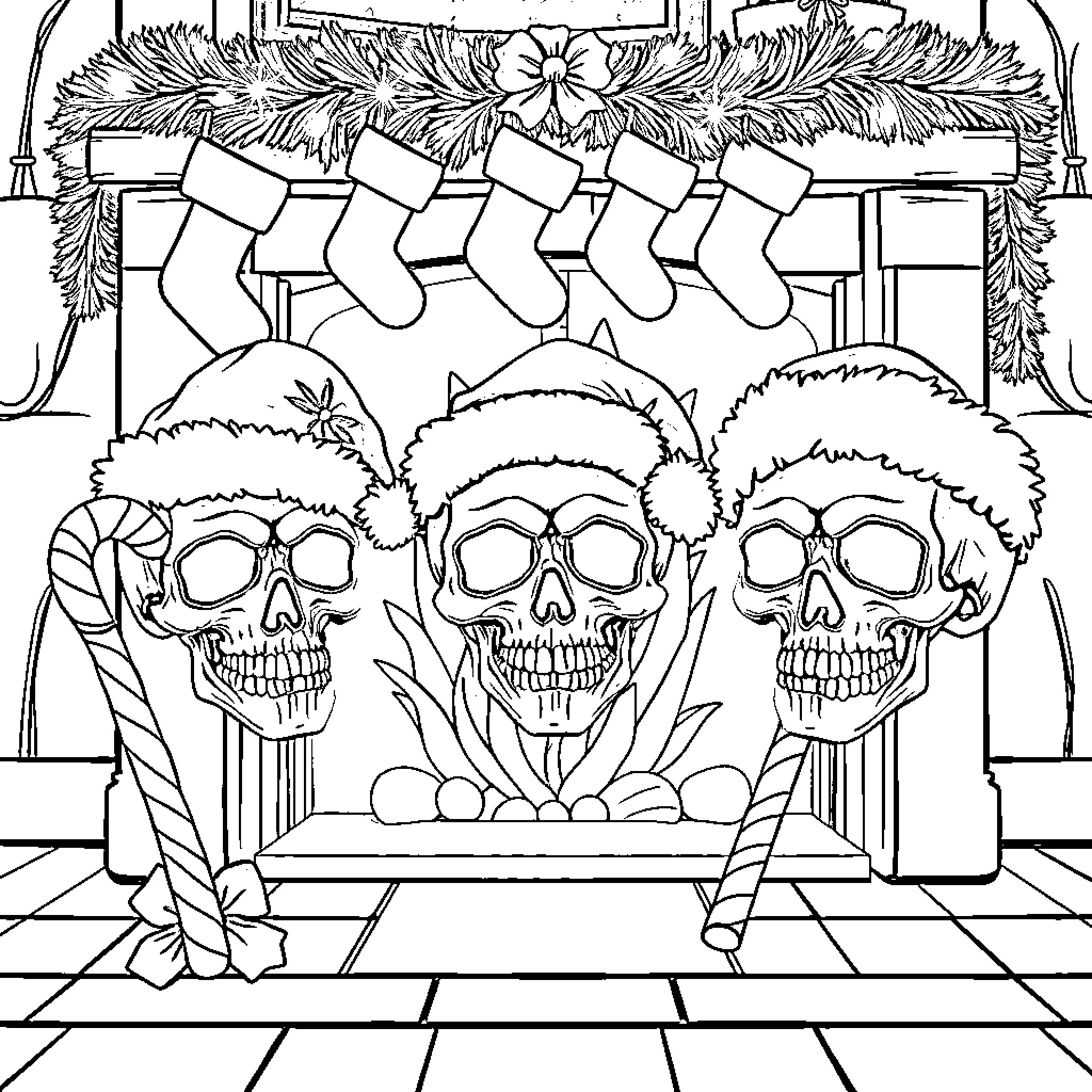 Skull Decorations in a Festive Christmas Setting Coloring Page (free black-and-white line drawing printable PDF for all, from beginners to advanced learners, including children, teens, adults, and seniors)