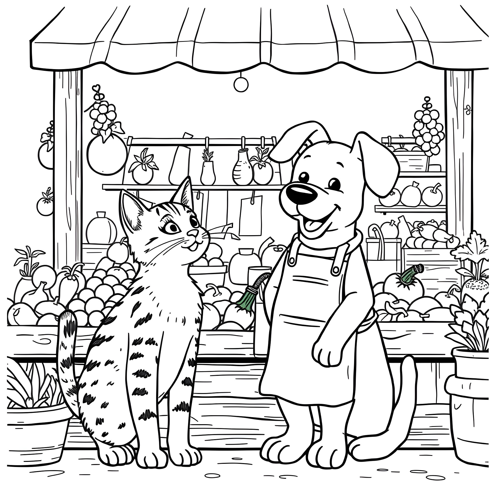 Cat and Dog Exploring a Farmer's Market Coloring Page (free black-and-white line drawing printable PDF for all, from beginners to advanced learners, including children, teens, adults, and seniors)