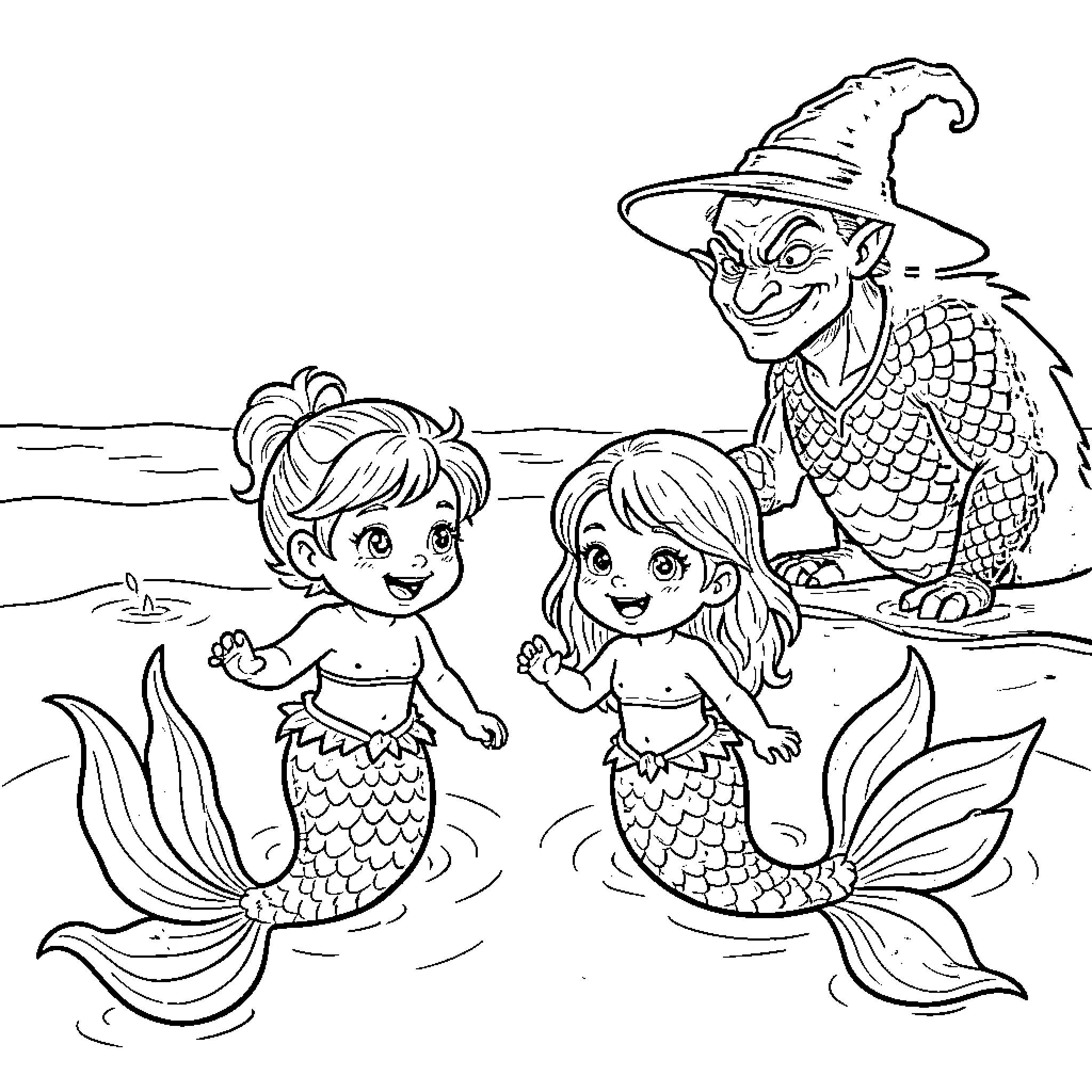 Mermaid friends playing in the ocean with a wizard Coloring Page (free black-and-white line drawing printable PDF for all, from beginners to advanced learners, including children, teens, adults, and seniors)