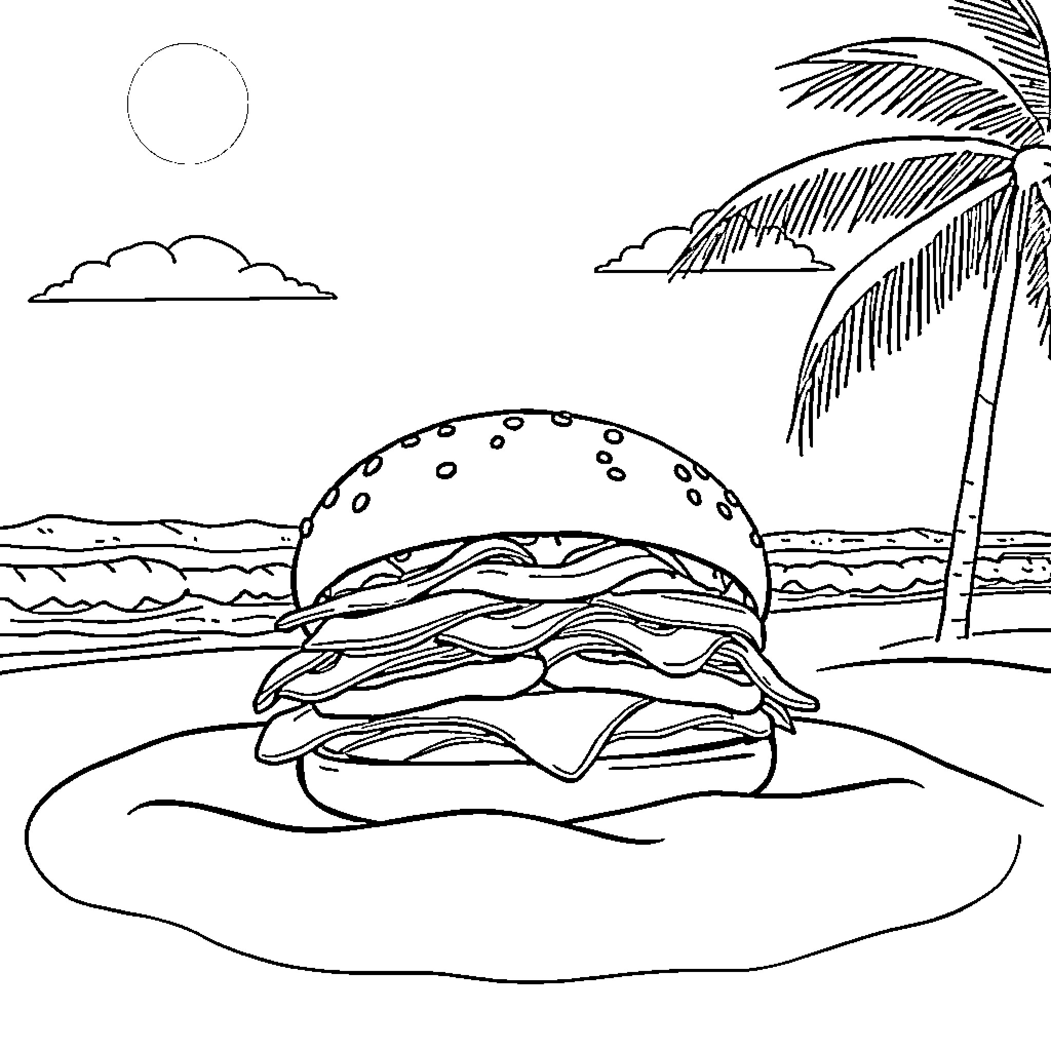 Burger sunbathing on the beach Coloring Page (free black-and-white line drawing printable PDF for all, from beginners to advanced learners, including children, teens, adults, and seniors)
