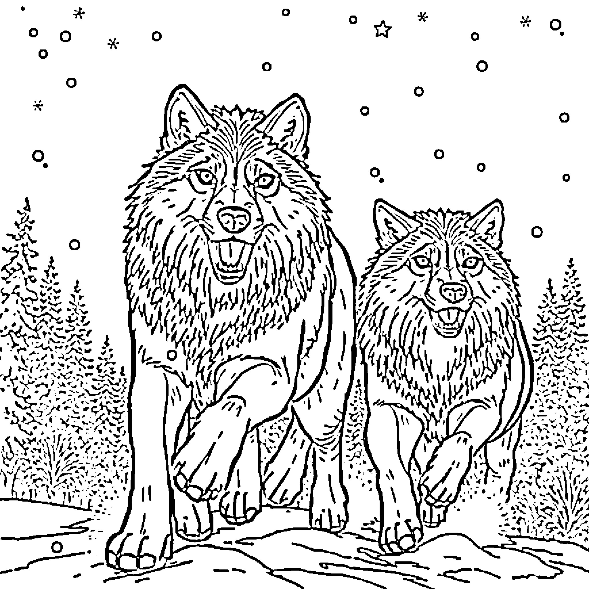 Wolf pair in the snowy forest Coloring Page (free black-and-white line drawing printable PDF for all, from beginners to advanced learners, including children, teens, adults, and seniors)