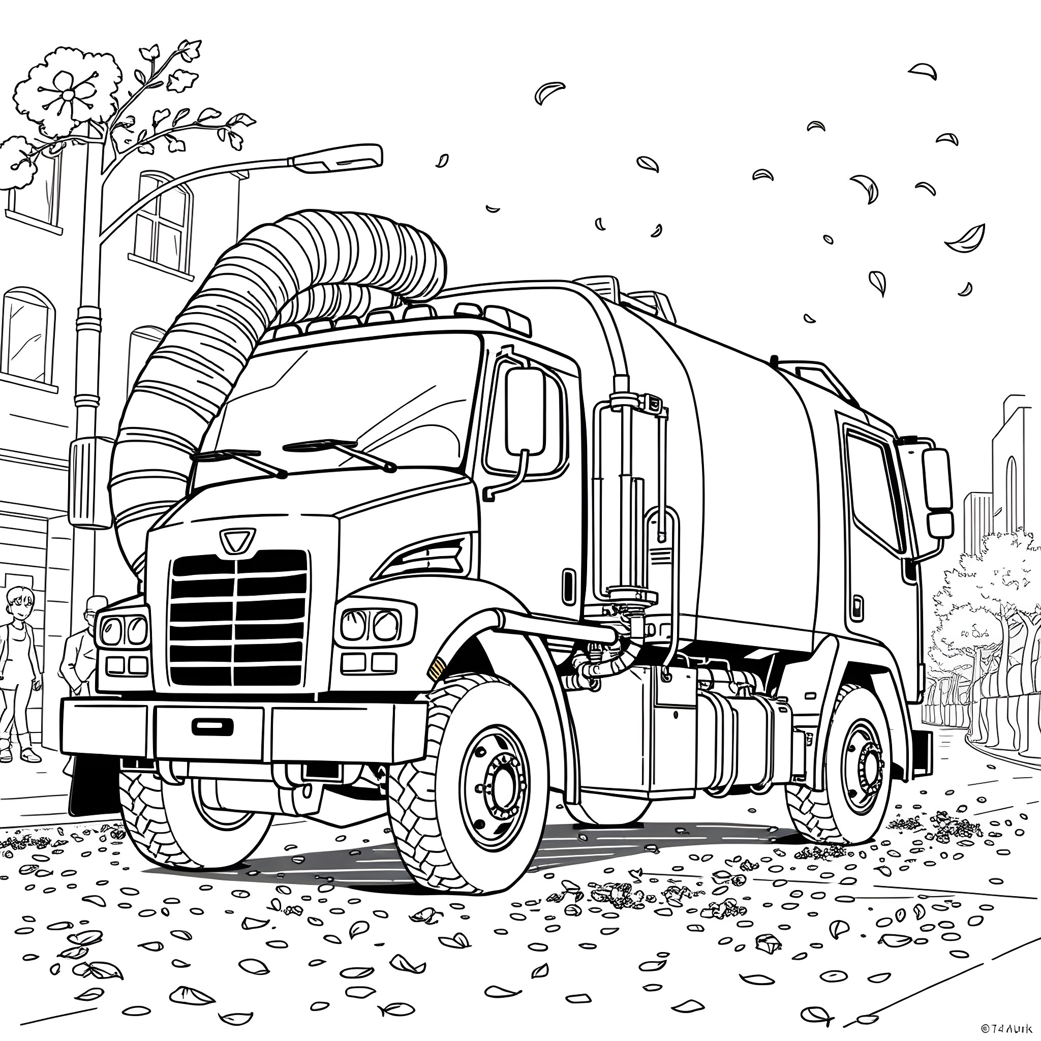 Vacuum Truck Performing Cleaning Task in the City Coloring Page (free black-and-white line drawing printable PDF for all, from beginners to advanced learners, including children, teens, adults, and seniors)