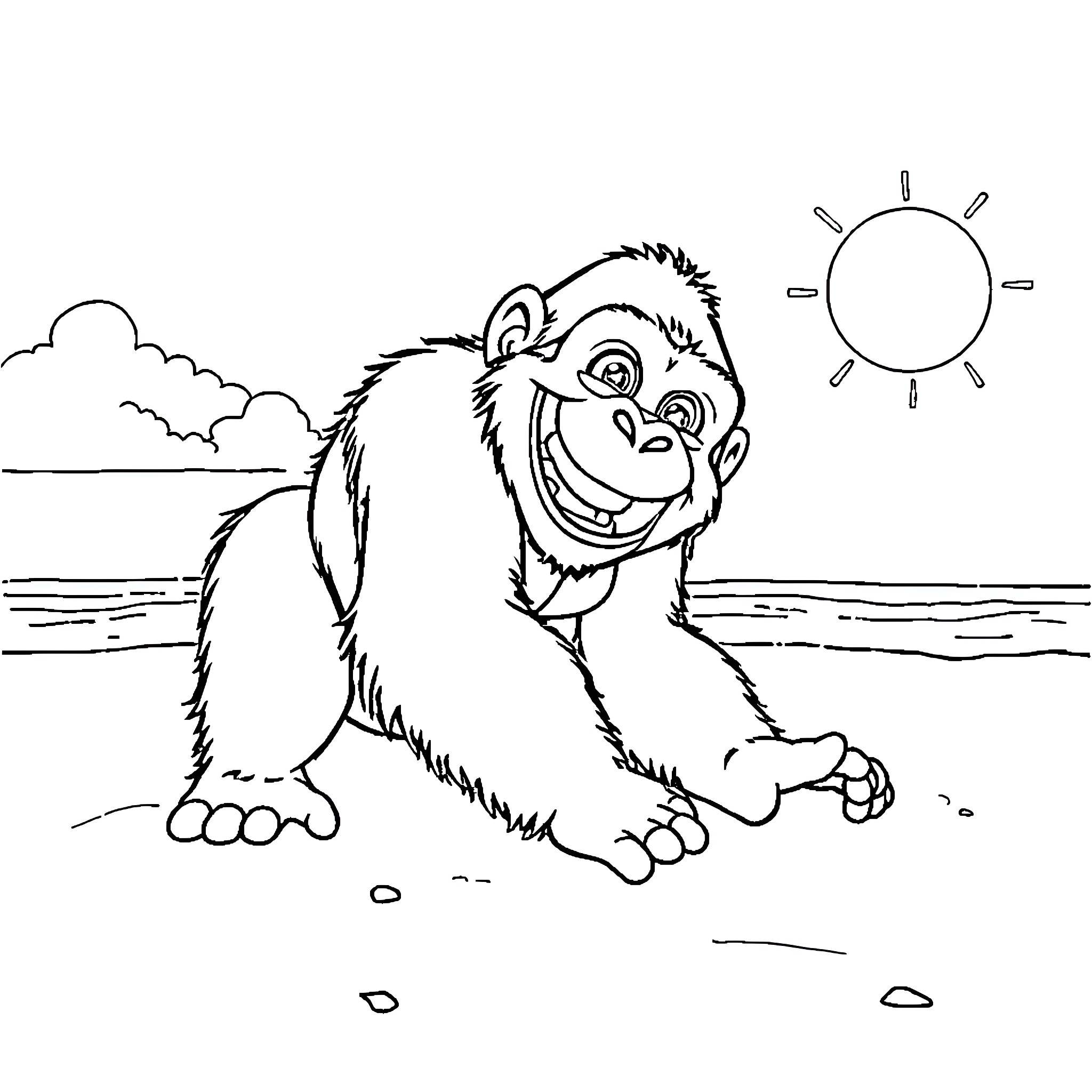 Harambe enjoying a sunny day by the shore Coloring Page (free black-and-white line drawing printable PDF for all, from beginners to advanced learners, including children, teens, adults, and seniors)