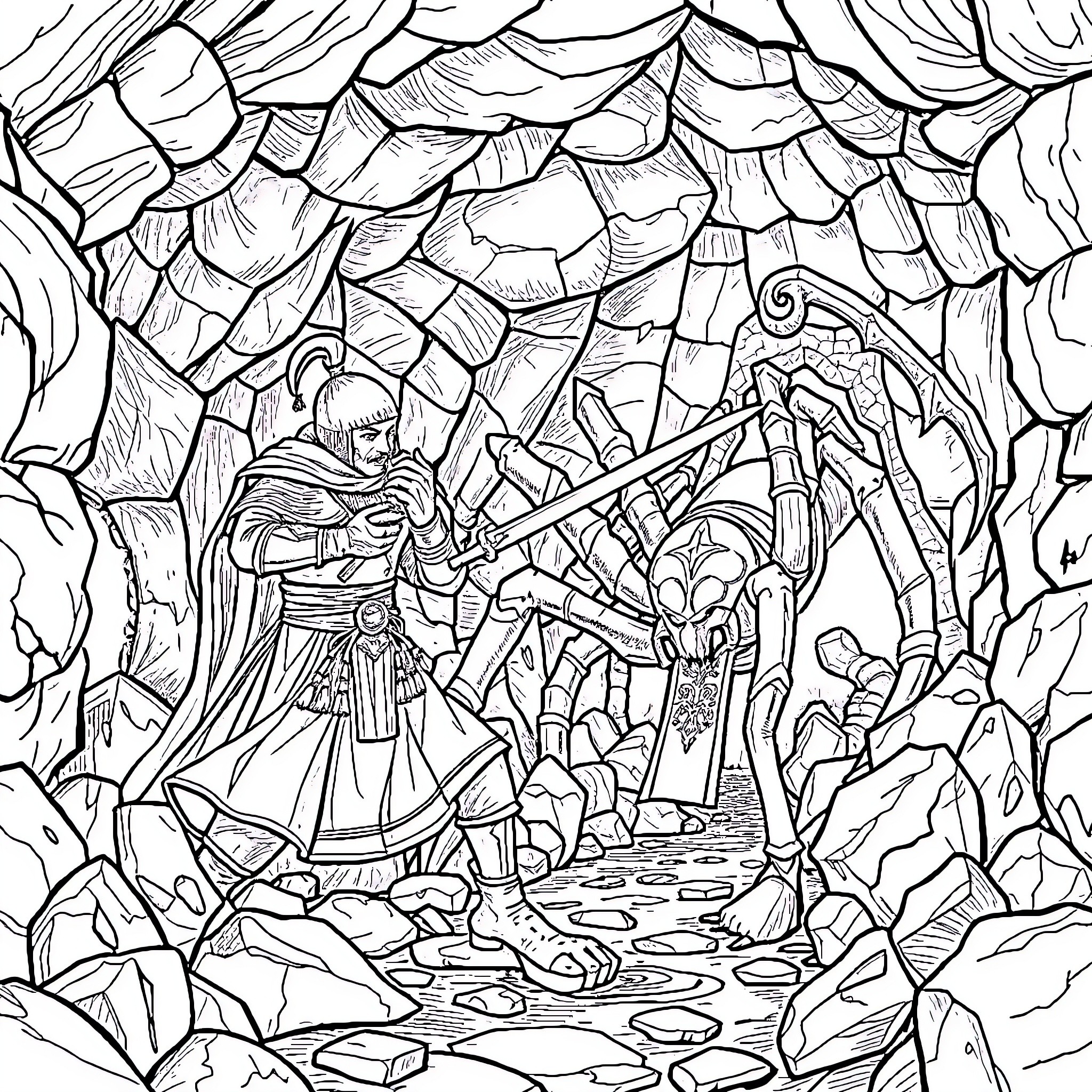Janissary Warrior's Confrontation with Mythical Creature Coloring Page (free black-and-white line drawing printable PDF for all, from beginners to advanced learners, including children, teens, adults, and seniors)