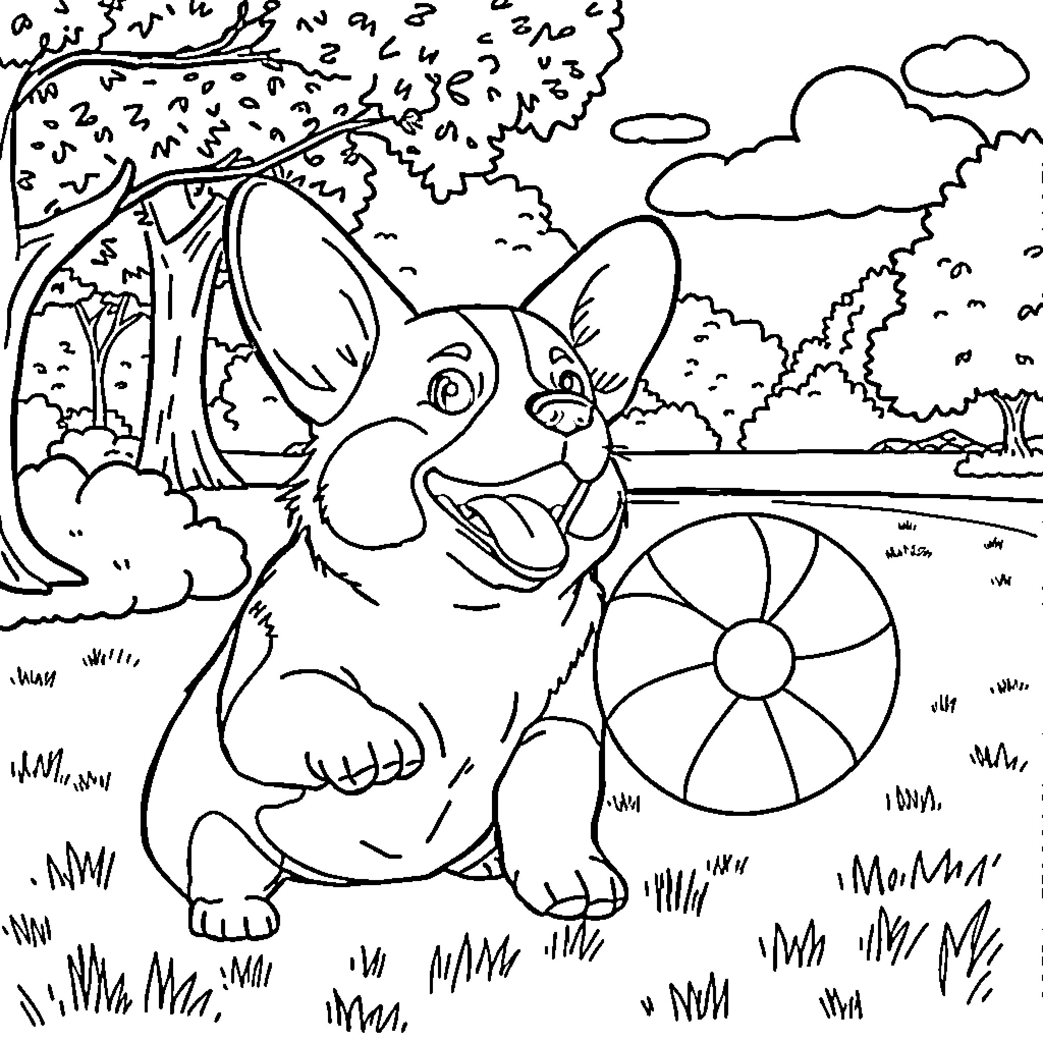 Corgi playing joyfully with a beach ball in a lush garden Coloring Page (free black-and-white line drawing printable PDF for all, from beginners to advanced learners, including children, teens, adults, and seniors)